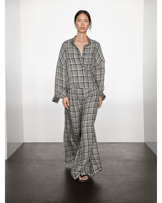 MASSIMO DUTTI Gray Checked Linen Palazzo Trousers