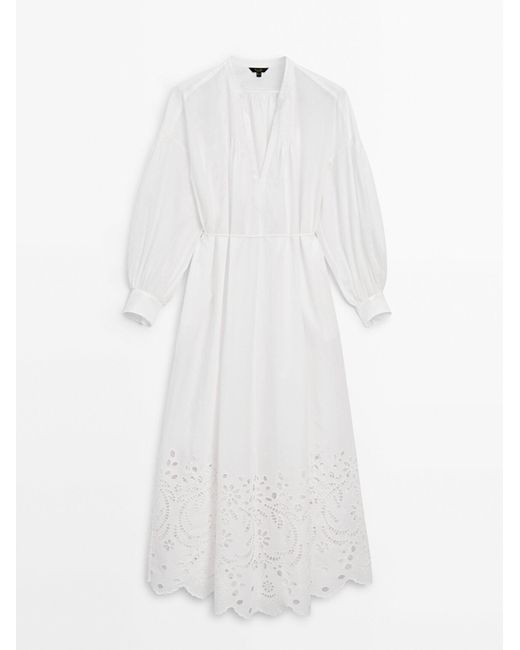 MASSIMO DUTTI White 100% Cotton Dress With Embroidered Detail