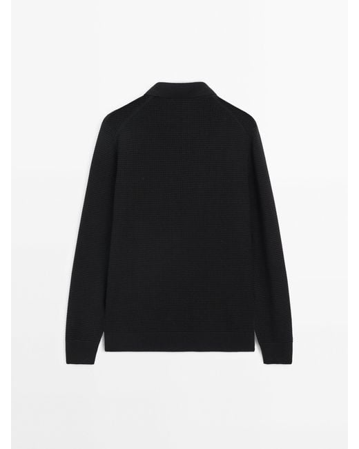 MASSIMO DUTTI Black Textured Knit Polo Collar Sweater for men