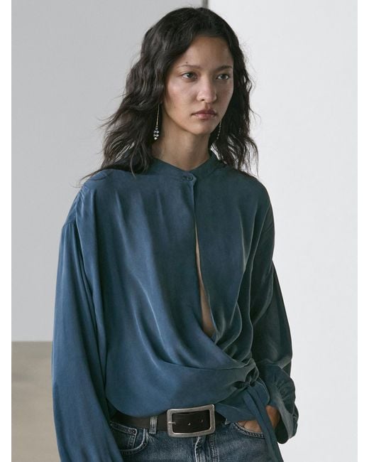 MASSIMO DUTTI Blue Flowing Surplice Blouse