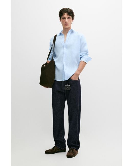 MASSIMO DUTTI Blue 100% Linen Slim Fit Shirt for men