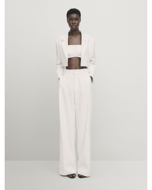 MASSIMO DUTTI White Wide-Leg Textured Suit Trousers With Darts