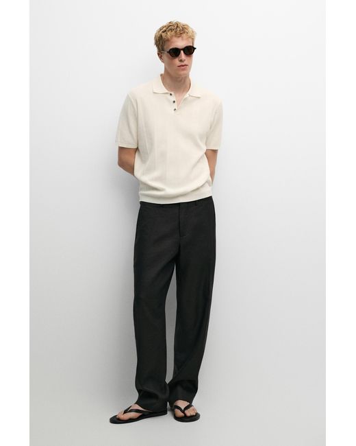 MASSIMO DUTTI White 100% Cotton Textured Striped Knit Polo Shirt for men