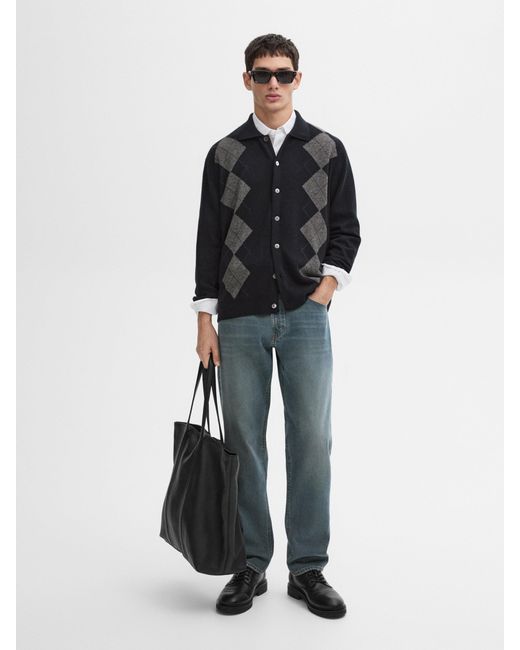 MASSIMO DUTTI Blue 100% Wool Argyle Knit Cardigan for men