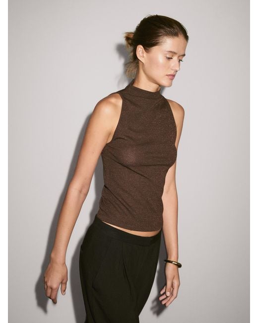 MASSIMO DUTTI Women's Brown Metallic-Effect Halterneck Top