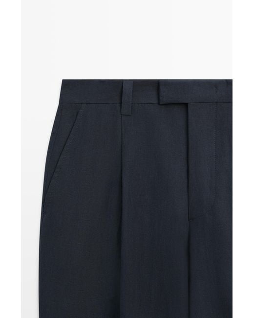 MASSIMO DUTTI Blue Darted 100% Linen Trousers for men
