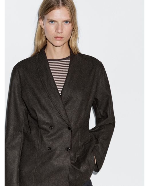 MASSIMO DUTTI Black Wool Blend Double-Breasted Blazer