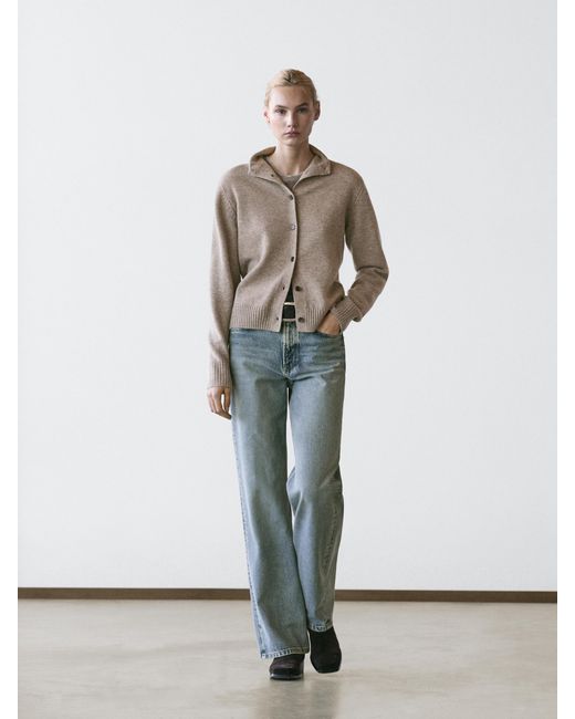 MASSIMO DUTTI Natural Wool High Neck Knit Cardigan