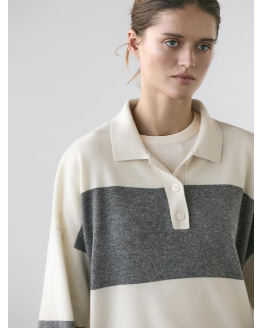 MASSIMO DUTTI Gray Striped Knit Polo Collar Sweater