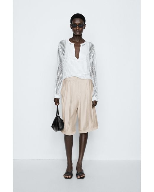MASSIMO DUTTI White Flowing Pleated Bermuda Shorts