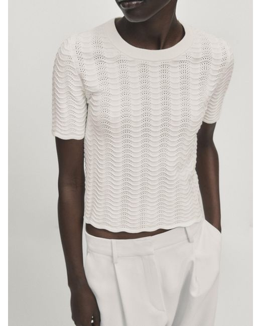MASSIMO DUTTI White Wavy Knit Sweater With Short Sleeves