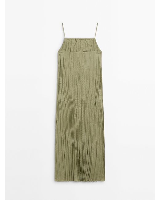 MASSIMO DUTTI Green Linen Blend Pleated Strappy Dress