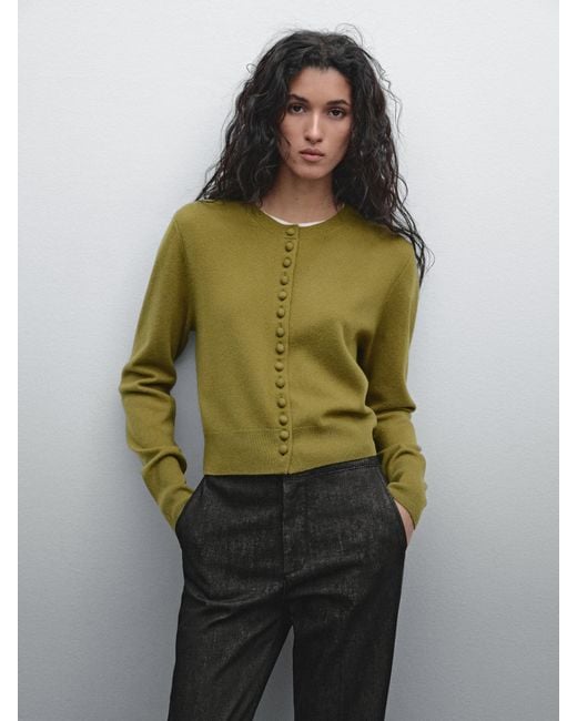 MASSIMO DUTTI Green Short Knit Cardigan With Covered Buttons