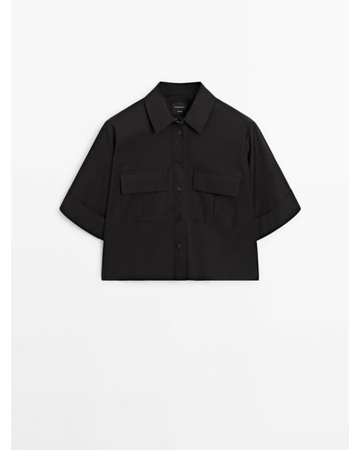 MASSIMO DUTTI Black Short Sleeve Cropped Cotton Shirt With Pockets