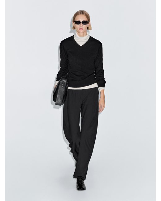 MASSIMO DUTTI Black Wool Blend Knit V-Neck Sweater