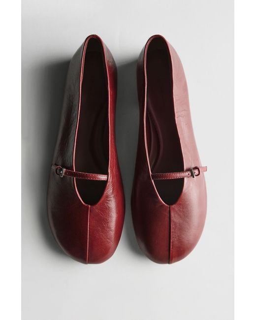 MASSIMO DUTTI Red Leather Ballet Flats With Buckle