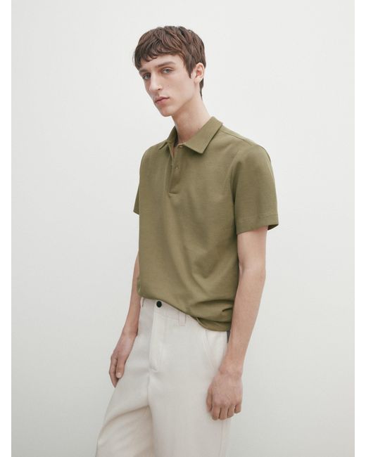 MASSIMO DUTTI Green Textured Short Sleeve Polo Shirt for men