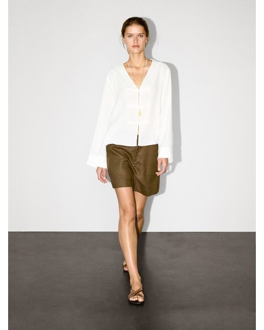 MASSIMO DUTTI White Flowing Linen Blend Blouse With V-Neckline