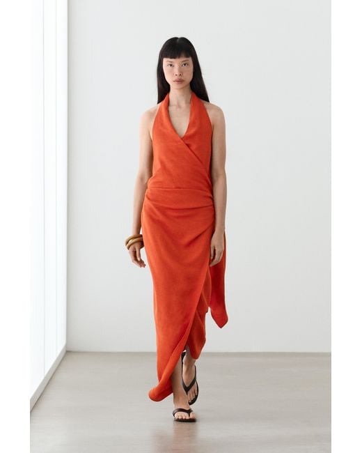 MASSIMO DUTTI Orange Draped Midi Dress With Bow Detail