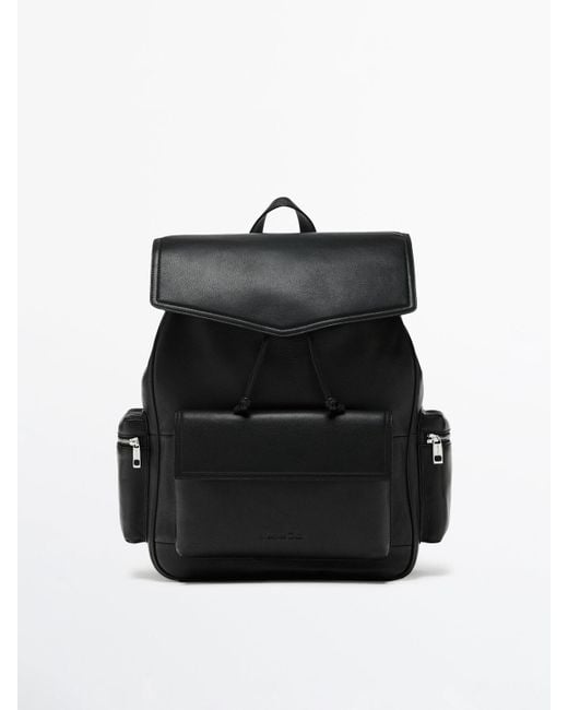 MASSIMO DUTTI Black Leather Backpack With Flap And Pocket Details for men
