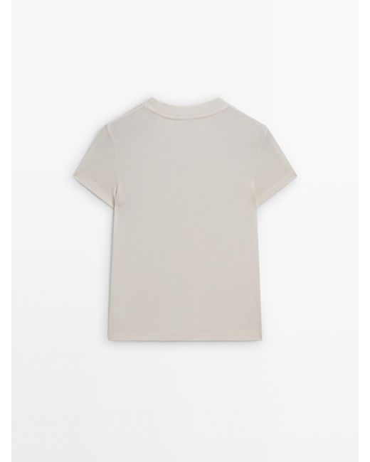 MASSIMO DUTTI White Fitted Ribbed Crew Neck T-Shirt