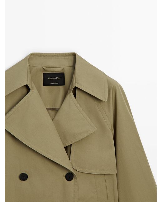 MASSIMO DUTTI Green Short 100% Cotton Trench Coat With Lapel