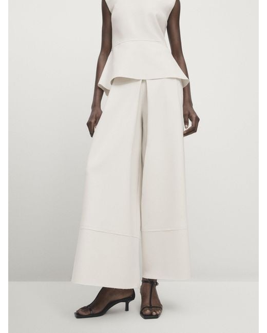 MASSIMO DUTTI White Wide-Leg Trousers With Darts And Hem Seam Detail