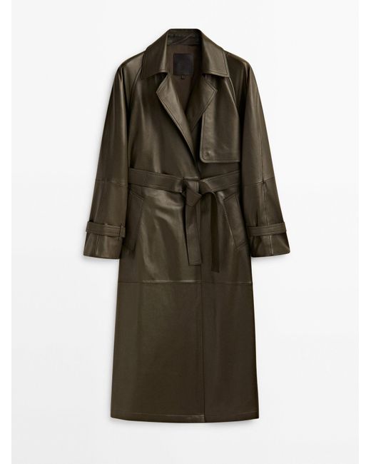 MASSIMO DUTTI Green Nappa Leather Trench-Style Coat With Belt
