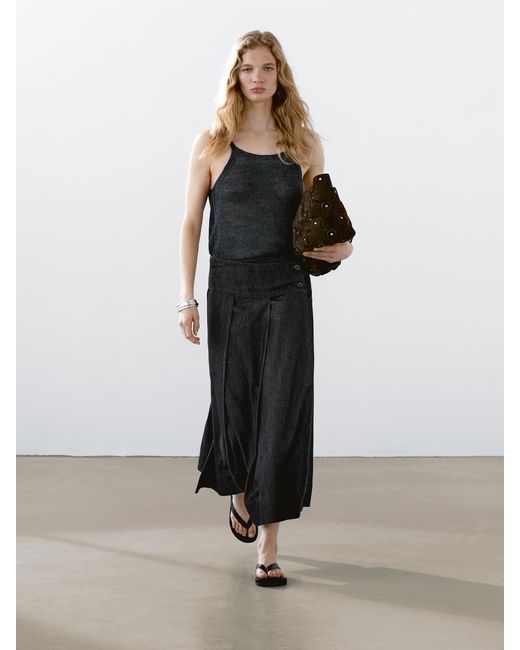 MASSIMO DUTTI Black Cotton Denim Midi Skirt