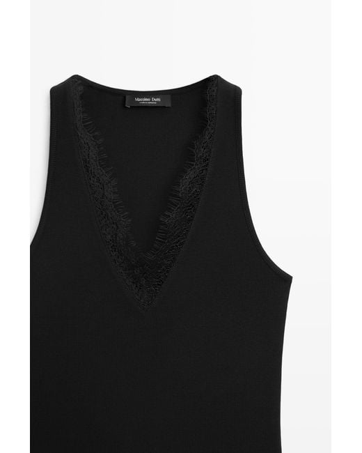 MASSIMO DUTTI Black V-Neck Lace Trim Top