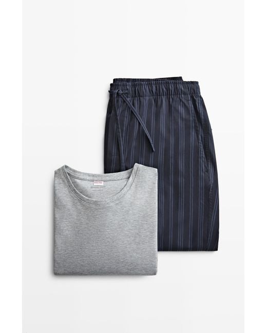 MASSIMO DUTTI Blue Short Sleeve Pyjama Top And Striped Trousers for men