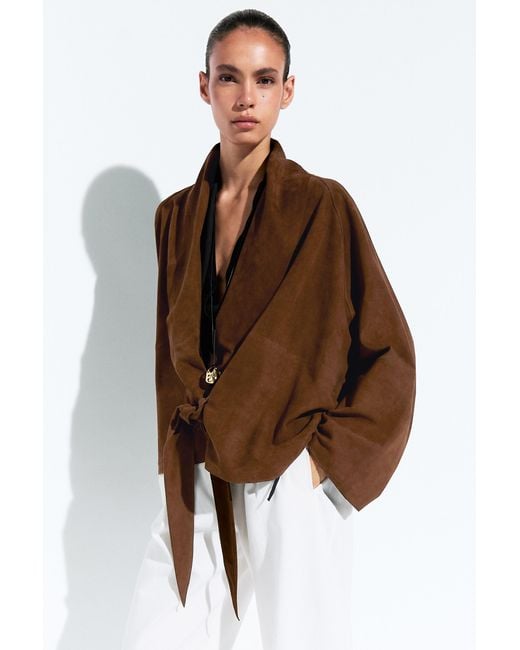 MASSIMO DUTTI Brown Suede Leather Tie Kimono