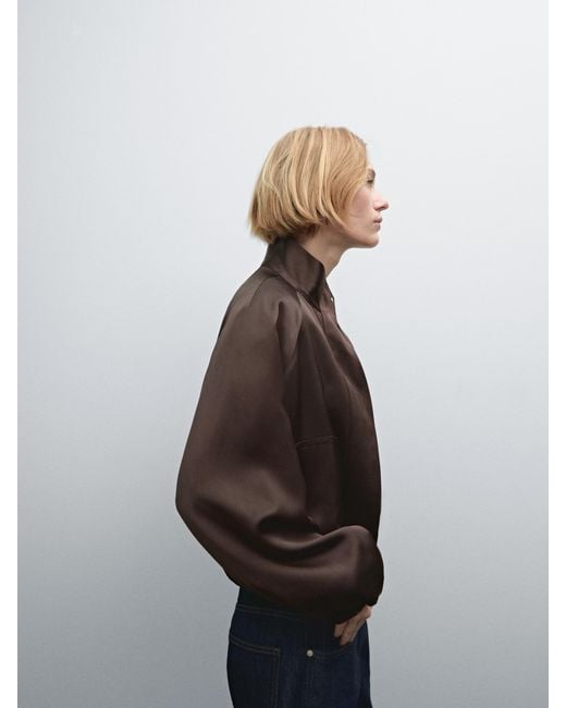 MASSIMO DUTTI Brown Gathered Satin Bomber Jacket