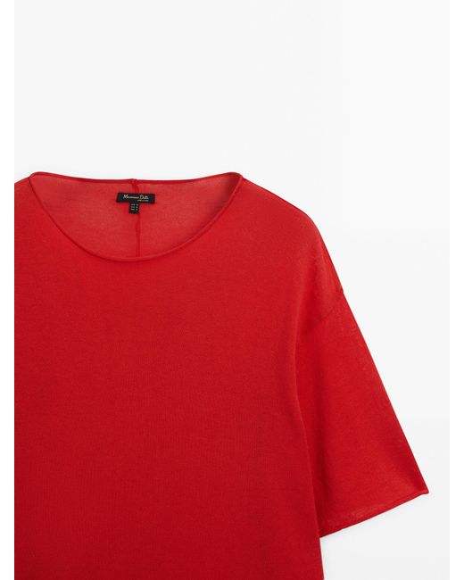 MASSIMO DUTTI Red Cotton T-Shirt With Central Seam Detail