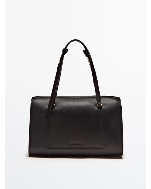 MASSIMO DUTTI Black Plain Leather Bowling Bag