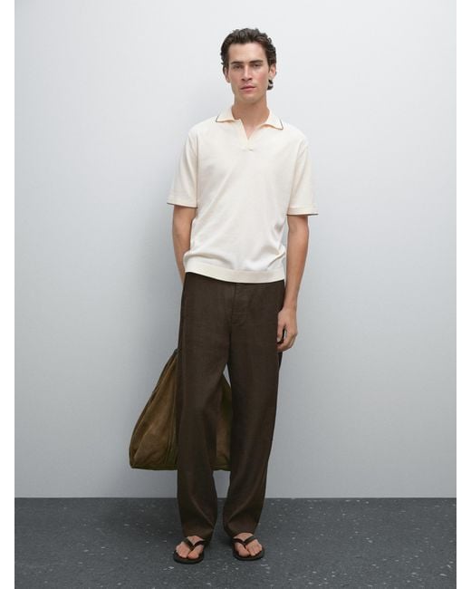 MASSIMO DUTTI White Knit Polo Shirt With Contrast Detail for men