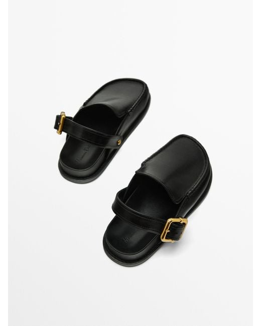 MASSIMO DUTTI Black Leather Clogs With Buckle