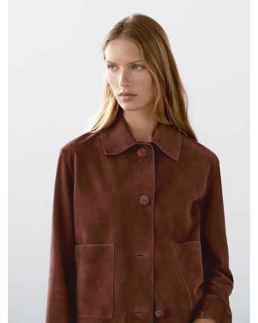 MASSIMO DUTTI Brown Cropped Suede Leather-Lined Jacket With Buttons