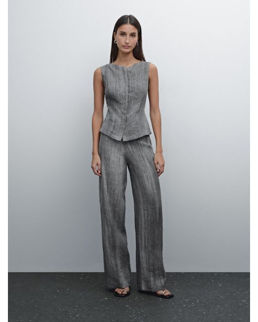MASSIMO DUTTI Gray Pleated Trousers 100% Linen