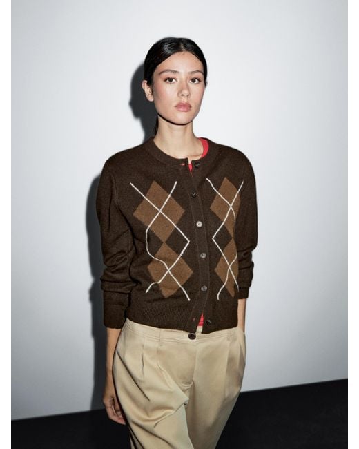 MASSIMO DUTTI Brown Knit Cardigan With Diamond Detail