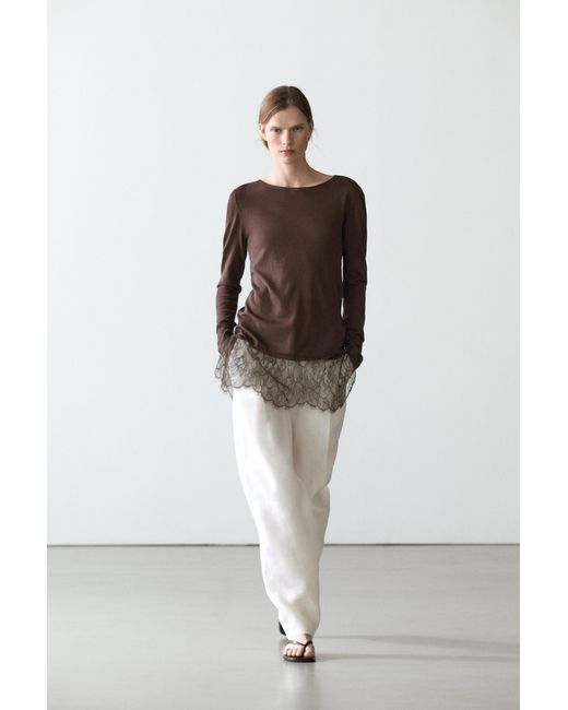 MASSIMO DUTTI Brown Long Sleeve T-Shirt With Lace Detail
