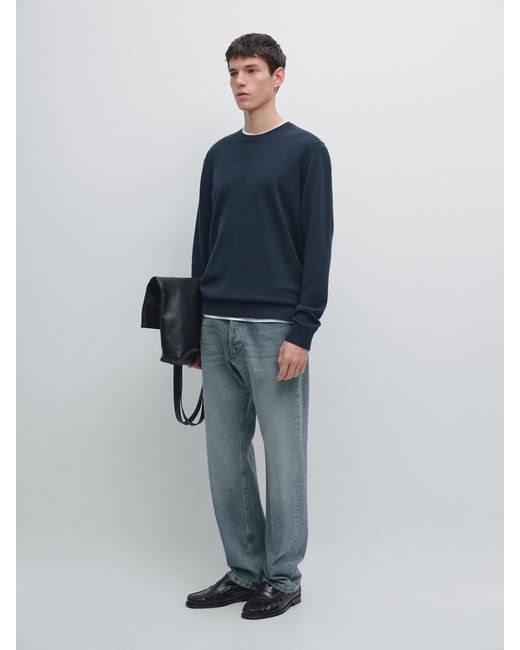 MASSIMO DUTTI Blue Knit Cotton And Wool Sweater With Crew Neck for men