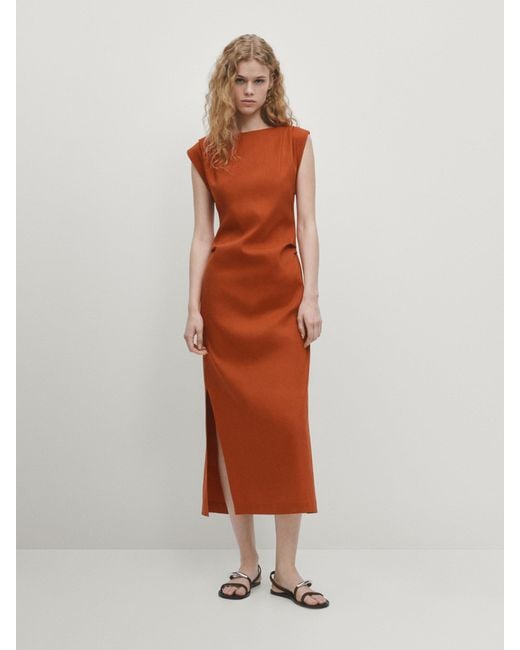 MASSIMO DUTTI Orange Linen Blend Stretch Dress With Pleated Detail