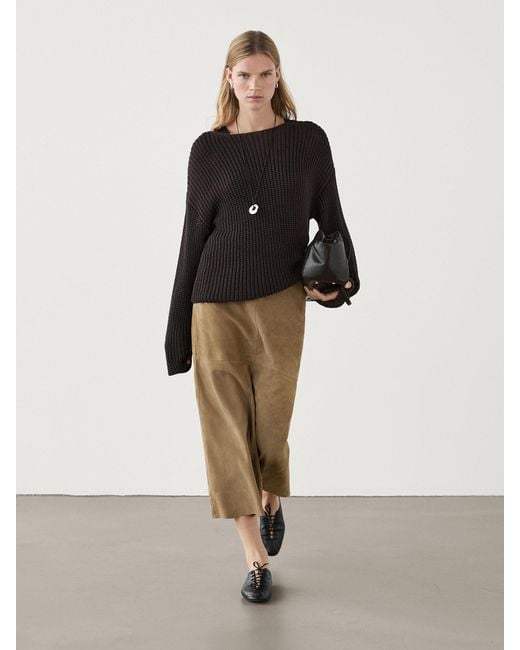 MASSIMO DUTTI Straight Fit Suede Leather Midi Skirt in