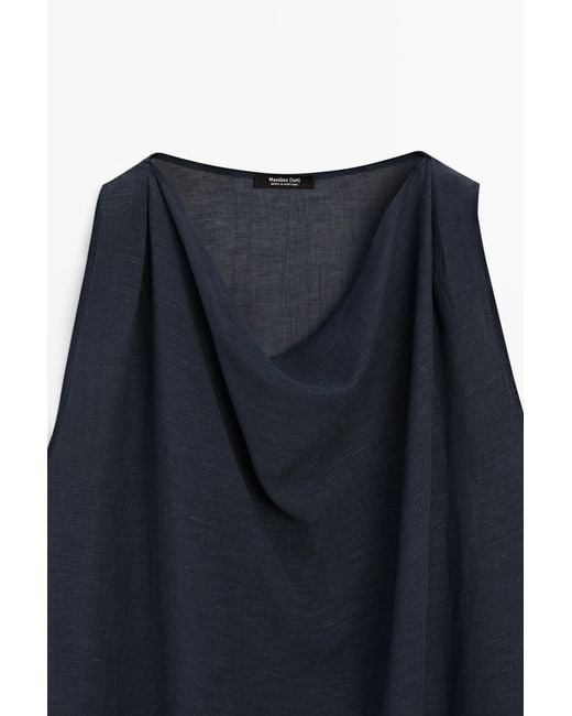 MASSIMO DUTTI Blue Asymmetric Linen Blend Top