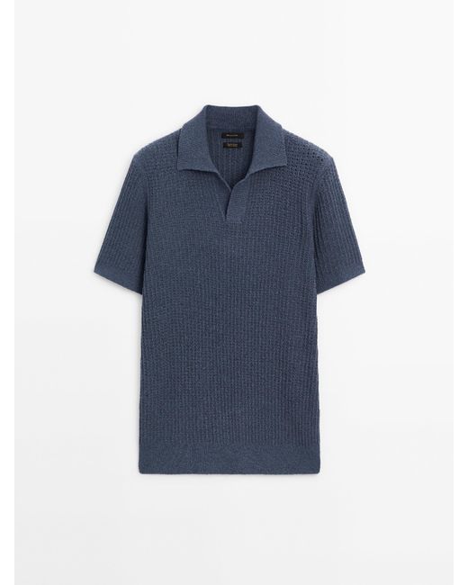 MASSIMO DUTTI Blue Textured Short Sleeve Polo Sweater for men