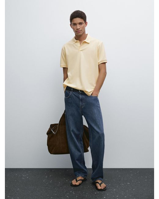 MASSIMO DUTTI Men's White Micro Textured Piqué Cotton Polo Shirt