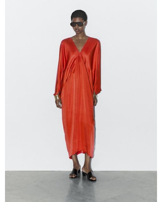 MASSIMO DUTTI Red Flowing Satin Kimono Dress