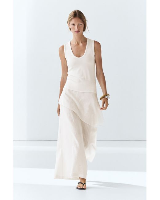 MASSIMO DUTTI White Cotton Blend V-Neck Top