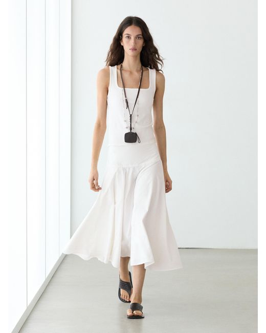 MASSIMO DUTTI White 100% Cotton Midi Skirt With Yoke Detail